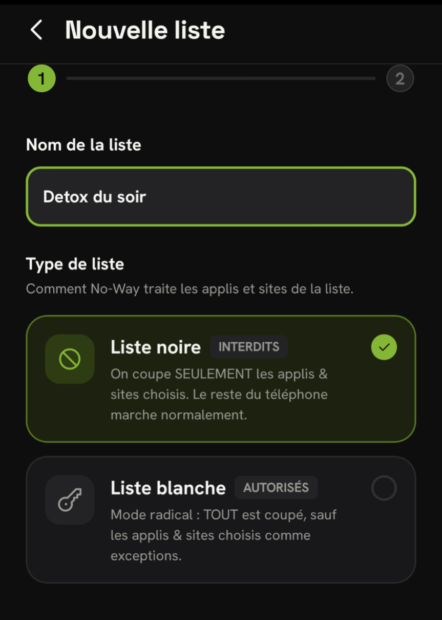 Écran « Nouvelle liste » de No-Way